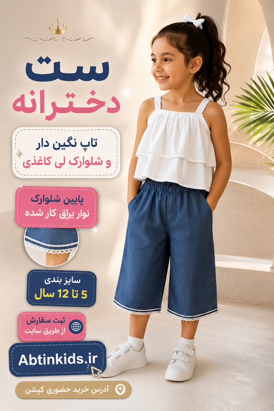 ست تاپ و شلوارک دخترانه ،5تا12سال ، تاپ ست نگین دار